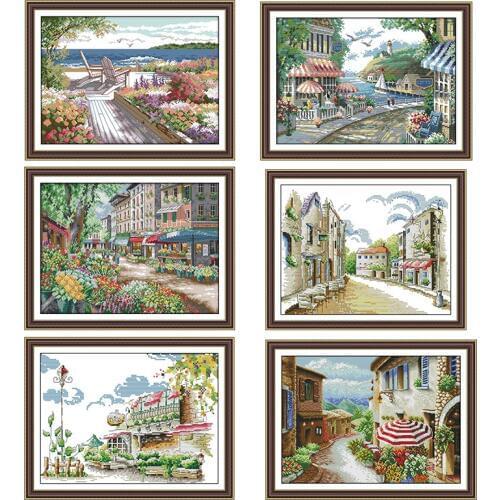 Seaside cafe streetscape painting count print on canvas 14CT and 11CT DMS cross stitch pattern embroidery kit DIY needlework set