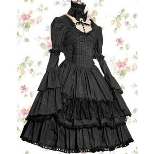 Autumn Spring Long Puff Flare Sleeve Gothic Vintage Lace Light Lolita Dress Solid Black Ball Gown Dress