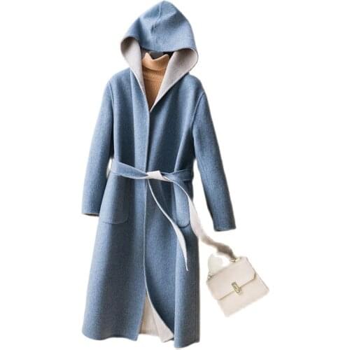 Womens Double-Sided Wool Overcoat Two-Tone Woolen Coat Loose Hooded Cashmere Outerwear Female Windbreaker Belt Clothes