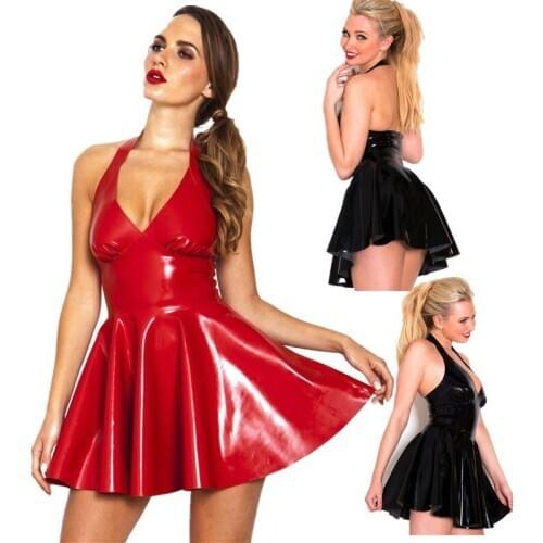Top Halter Fancy Faux PVC Leather Bondage Mini Dress Sleeveless Ruffles Bodycon Catsuit PU Vinyl Clubwear Dance Fetish Cocktail