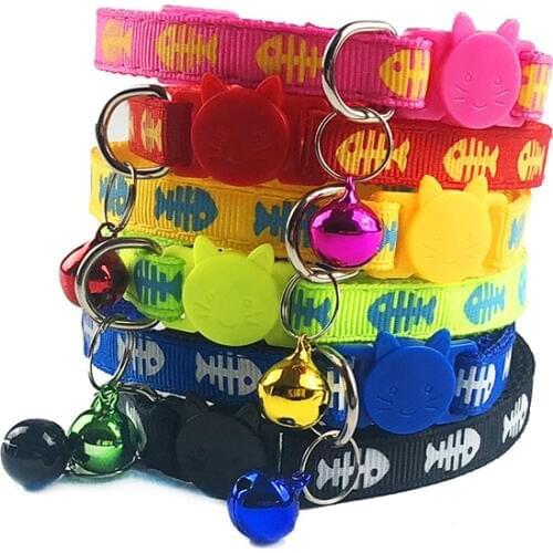 Adjustable Cat Collar Cute Fishbone Print Breakaway Nylon Pet Puppy Dog Kitten Cat Collar with Bells 19-32cm 1.0cm Drop Shipping