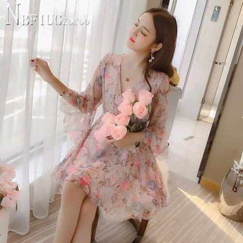2020 Chiffon Floral Flare Sleeve Women Dress Temperament V Neck Fairy Female Dresses