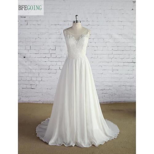 Ivory Chiffon Lace A-line Wedding Dress Court Train Sleeveless Zipper Real/Original Photos Custom made