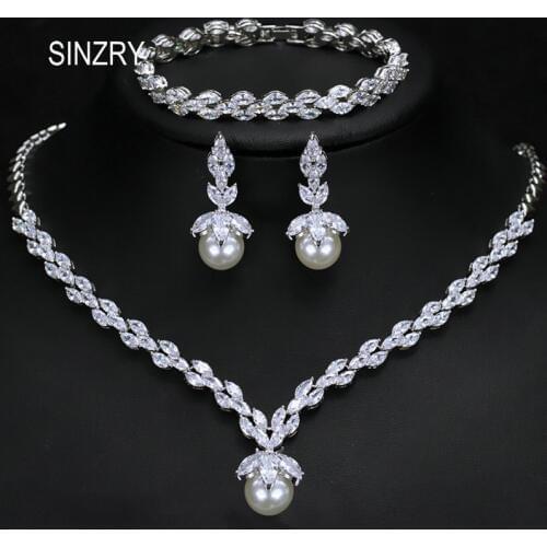 SINZRY 3 Pc/set Sparkling cubic zirconia imitation Pearl Bridal Wedding Party Necklace Earrings Bracelet Jewelry Sets For Women