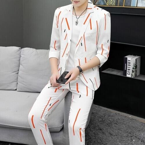 Print Wedding Striped Groom Tuxedos Suits Nightclub Tow Pcs Set Casual Slim Business Terno Masculino 2020 Fashion Suit Men