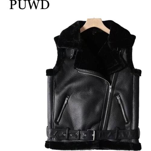 PUWD Warm Women Faux Fur Vest Jacket 2021 Winter Leisure Street Zipper Solid Comfortable Trend Loose Retro Female Thick Outwear