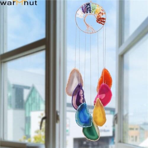 WarmHut 7 Chakra Tree of Life Agate Slices Wind Chimes Reiki Healing Stone Wall Hanging Ornament for Garden Home Outdoor Decor