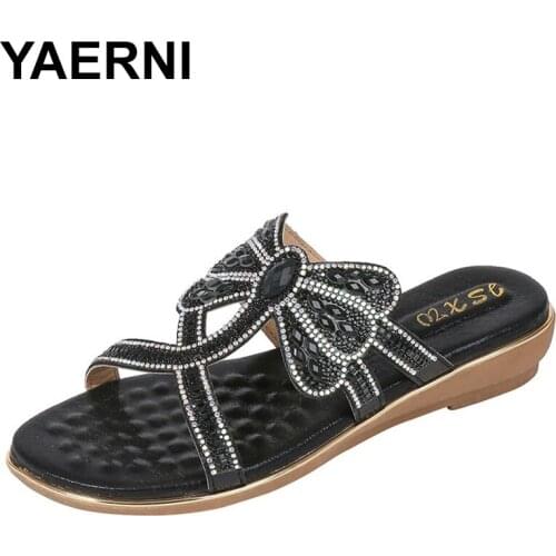 YAERNIWomen Sandals Slippers Design Pierced Rhinestone Bohemia Sequins Slides Fashion Square Heel Summer Dress Party Sandles Plu