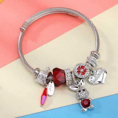 Cute Rabbit Bangles For Women Crystal Heart Love Crown Charm Stainless Steel Cuff Bracelet Femme Luxury Jewelry Wholesale 2019