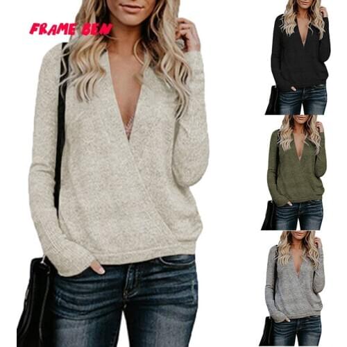FRAME BEN 2019 Autumn and Winter New Sweater Womens Long Sleeve V-neck Rabbit Velvet Stitching Criss-cross Sweater