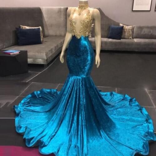 2020 Real Image Velvet Evening Dresses Long Mermaid Sexy V neck Party Dresses With Gold Appliques Classic Prom Gowns for Women