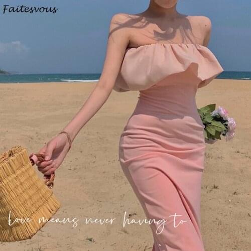 French Elegant Pink Strapless Dress Women Summer Simple Ruffles Fitness Tube Dress Sleeveless Ladies Long Dresses