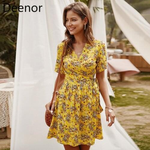 Deenor Summer Elegant Boho Floral Print Midi Dress Women V Neck Bandage Fashion Beach Ruffles Dresses Women Sundresses Vestidos