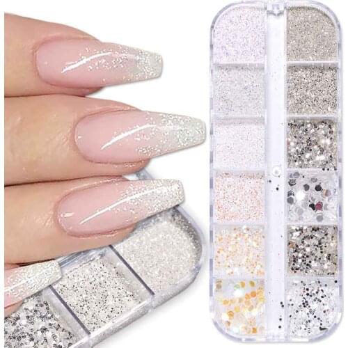 12grid Mixed Color Holographic Silver Nails Art Sparkly Nail Glitter Sequins Hexagon Chunky Winter DIY Manicure Decoration CH-JY