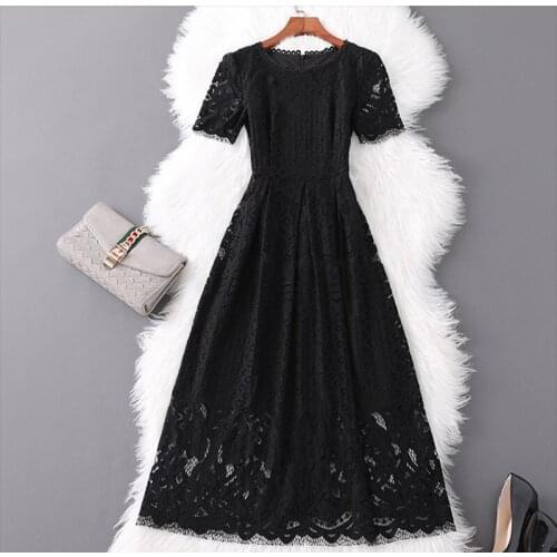 2021 Fashion Designer Summer oversized Dress Women Black O-neck Hollow Out Lace Elegant Slim Knee-Length Dresses