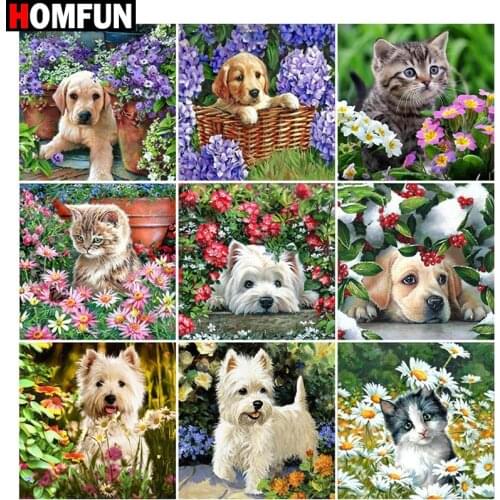 HOMFUN Diy 5d Diamond Painting "Animal dog& cat flower" Cross Stitch Square Round Diamond Embroidery Handwork Rhinestone Art