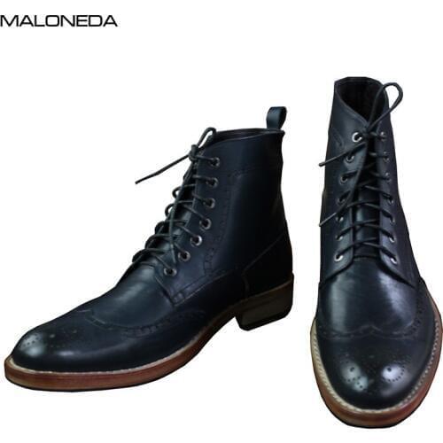 MALONEDE Bespoke Retro Mens Lace up Brogue Dress Short Boots Shoes Handmade Genuine Leather Sole Goodyear welted Leather Boots