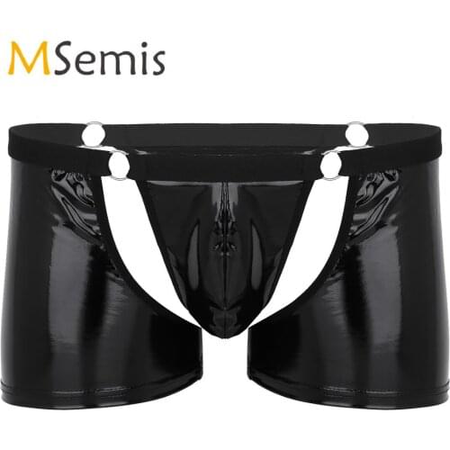 Black Men Lingerie Shiny Underwear Wetlook Faux Leather Cut Out Bulge Pouch Low Rise Boxer Shorts Underpants Dance Show Clubwear