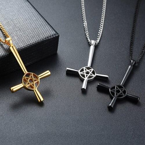 Cool Satan Cross Pendant Necklaces for Men Black Gold Silver Color Tone Solid Stainless Steel Casual Religious Jewelry