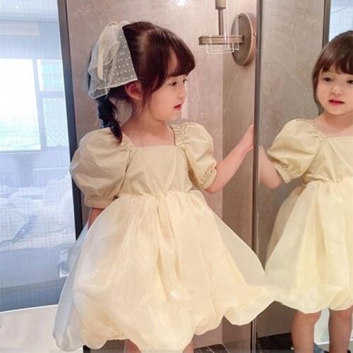 Back Lace-Up Dress for Kids 2021 Lantern Sleeve Fashion Party Dress Knee-Length Girls Princess Dress Square Collar Clothes