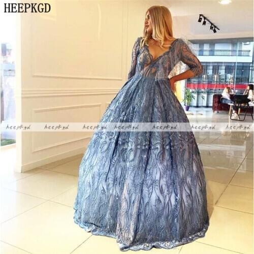 Dubai Lace Ball Gown Evening Dress Half Sleeve Floor Length Dusty Blue Formal Dresses For Women Party Gown Customize Robe Soiree