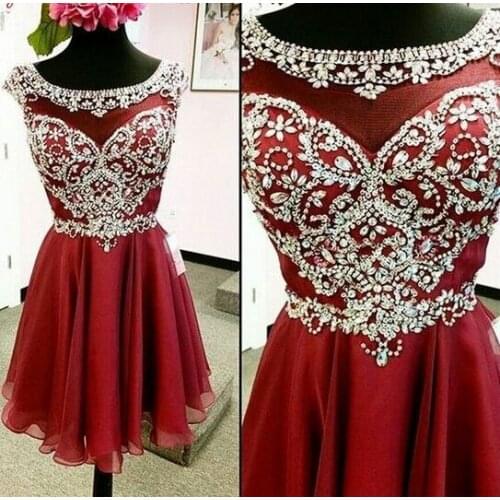 Elegant Short Beaded Pleated Red Homecoming Dresses O-Neck Knee Length Zipper Back Graduation Dresses for Juniors