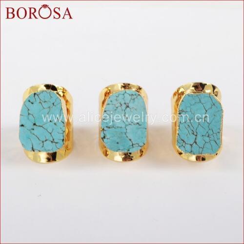 BOROSA Blue Howlite Stone Ring Free-form Stone Electroplated Gold Stone Ring Adjustable Druzy Jewelry Gems for Women G0208