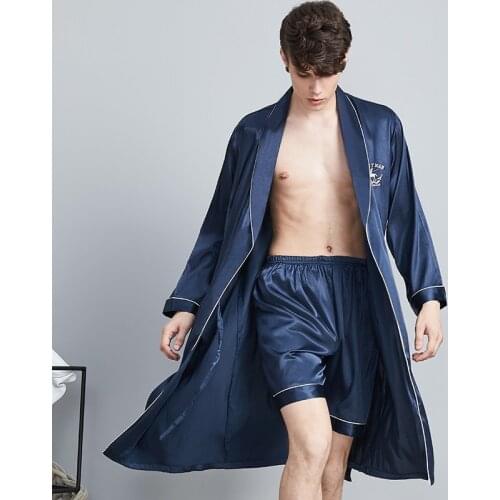 Two-pieces Nightwear Set Silky Satin Male Sleepwear Loose Embroidery Soft Long Sleeve Robes And Long Pants Bathrobe Set For Men