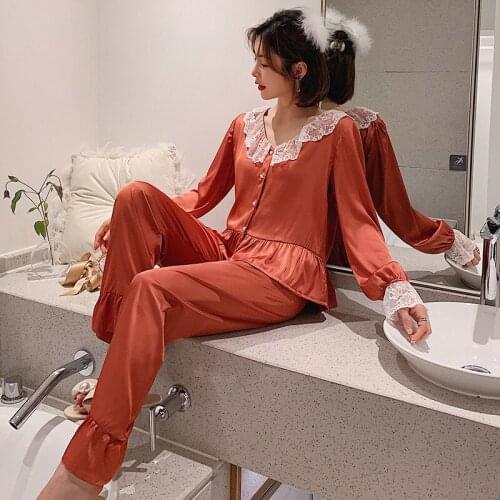 Lace Sleepwear Women Pajamas Suit Satin Two Pieces Sets Button-Down Nightwear Intimate Summer Lounge Wear Home Clothes