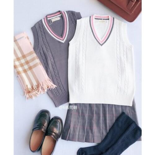 Cute Womens Preppy Style Japanese JK Uniform V-Neck Vest Twisted Line Sleeveless Sweater Cotton Tops Grey & Beige(Sweater Only)