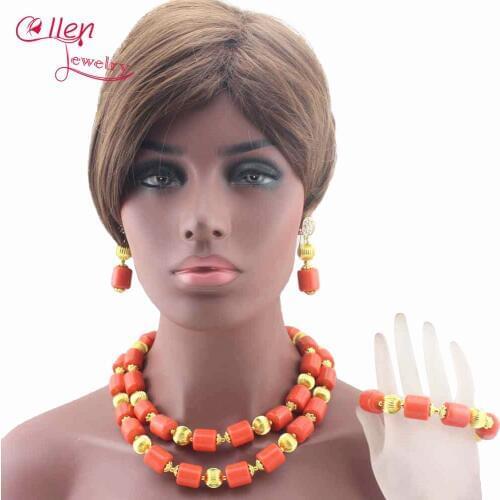 Fashion Genuine Coral Beads Necklace Jewelry Nigerian Wedding African Coral Beads Jewelry Set Orange Coral Beads Designs W13593