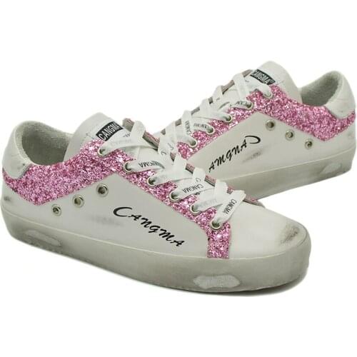 CANGMA Luxury Brand Super Star Mens Sneaker White Genuine Leather Casual Shoes Man Pink Glitter Flat Male Sneakers