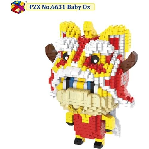 PZX Atomic Building Blocks Model Set Ox Mascot Chinese Elements Micro Mini Blocks Baby Bull Diamond Bricks Set 1120Pcs Toy