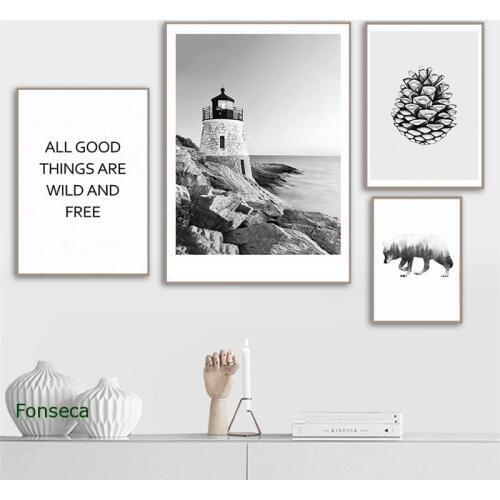 Wall Art Canvas Paintings Black And White Landscape Lighthouse Pictures Printing Chic Modular Poster Home Decor For Living Room