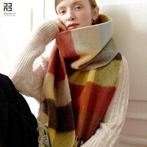 Winter 2019 new fashion trend rainbow Wool Plaid womens scarf super long thickened wool warm shawl,Seven color wool warm scarf