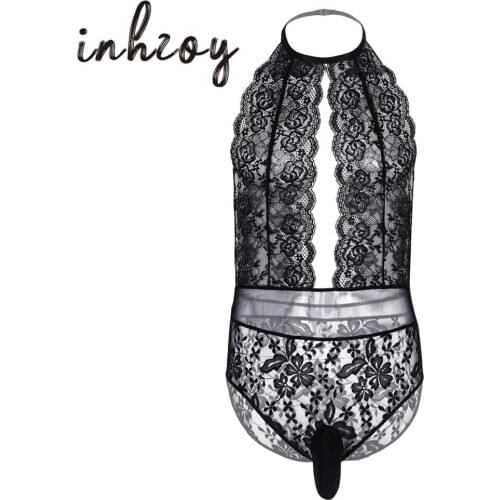 Hot Sexy Black Floral Lace Sissy Lingerie for Men Crossdressing Gay Underwear Erotic Men Teddies Bodysuit Transparent Nightwear