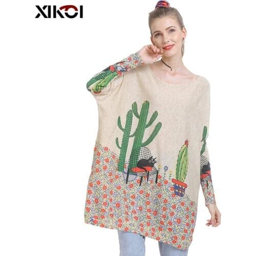 XIKOI Wool Oversized Sweater For Women Winter Long Pullover Dress Fashion Cactus Print Jumper Casual Knitted Sweater Pull Femme