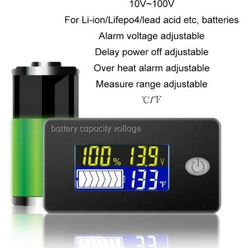 Univerisal Battery Capacity Indicator 12V 24V 36V 48V 60V 72V 10-100V Li-ion Lifepo4 Lead acid Battery Monitor with temperature