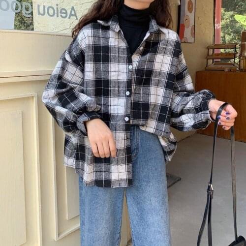 Autumn Women Plaid Top Blouse Long Sleeve Shirts Korean Casual Cotton Blouse Down Collar Button Up Shirt Woman Clothes Tunics