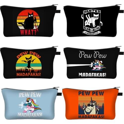 Funny Knife Cat Cosmetic Bag Pew Pew Madafakas Backpack Girls Makeup Bags Women Toiletry Lipstick Bag Cute Wash Bag For Travel