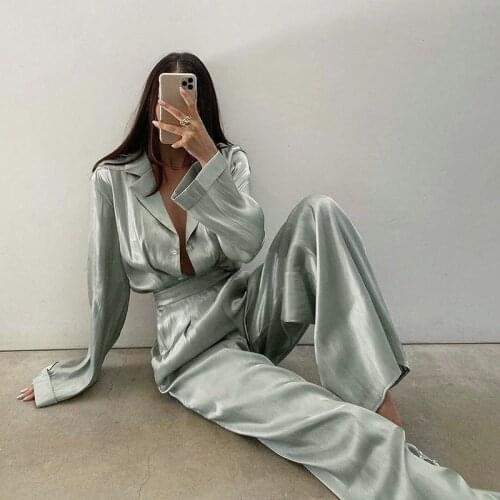 Satin Two Piece Set for Woman Long Sleeve Loose Shirt+Straight Pants Office Lady Suits Elegant Fall Winter Outfits Lounge Wear