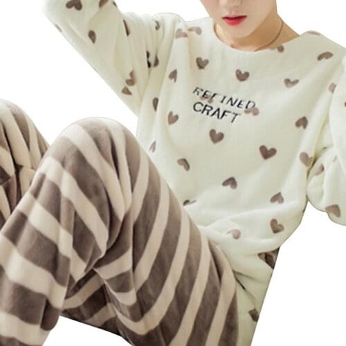 2021 Winter Pajamas Set Women Sleepwear Cute Cartoon Flannel Pajamas Set Velvet Warm Pijama Round Neck Pyjamas Homewear Femme