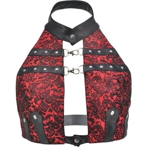 Red Brocade & Black Leather Halter Neck Backless Sexy Gothic Top Women Steampunk Clothing Vintage Accessories Punk Rock Clothes