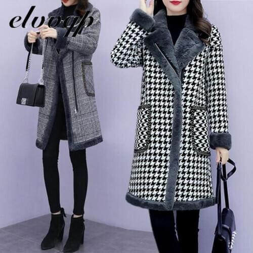 Plus Size High Quality Elegant Plaid Long Wool Blend Coat Spring Winter Coat Overcoat Women Patchwork Covered Warm Woolen Coat