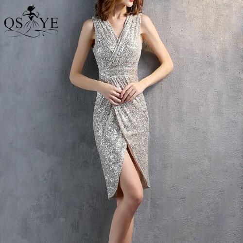 Silver Short Prom Dresses Sleeveless Evening Gown Pleat V Neck Sequin Party Formal Gown Front Split Women Short Dress Ruched