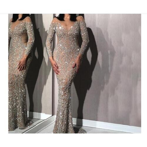 Elegant Long Sequins Sexy Evening Party Dress Vestido De Festa Robe Long Sleeve Gowns Formal Wedding Party Dress Silver Dress