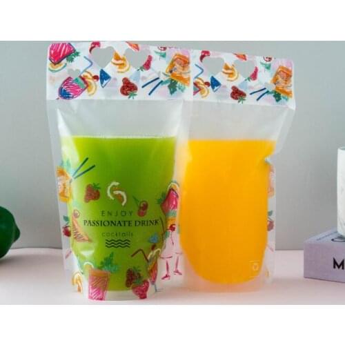 500pcs 500ml Fruit pattern Plastic Drink Packaging Bag Pouch for Beverage Juice Milk Coffee, with Handle and Holes for Straw#470