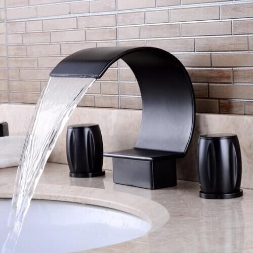 Free shipping new arrivals 3 holes Square basin waterfall faucet brass black oil brushed widespread basin sink faucet