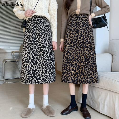Leopard Skirts Mid-calf Length Midi Friends High Waist Elastic Ulzzang Trendy Wild Streetwear Vintage Spring Autumn Slit Femme