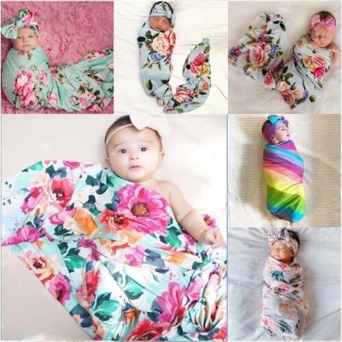 Newborn Baby Infant Floral Swaddle Sleeping Bag Sack Wrap Headband Set Photoprop Muslin Infant Swaddling Blanket 0-6M